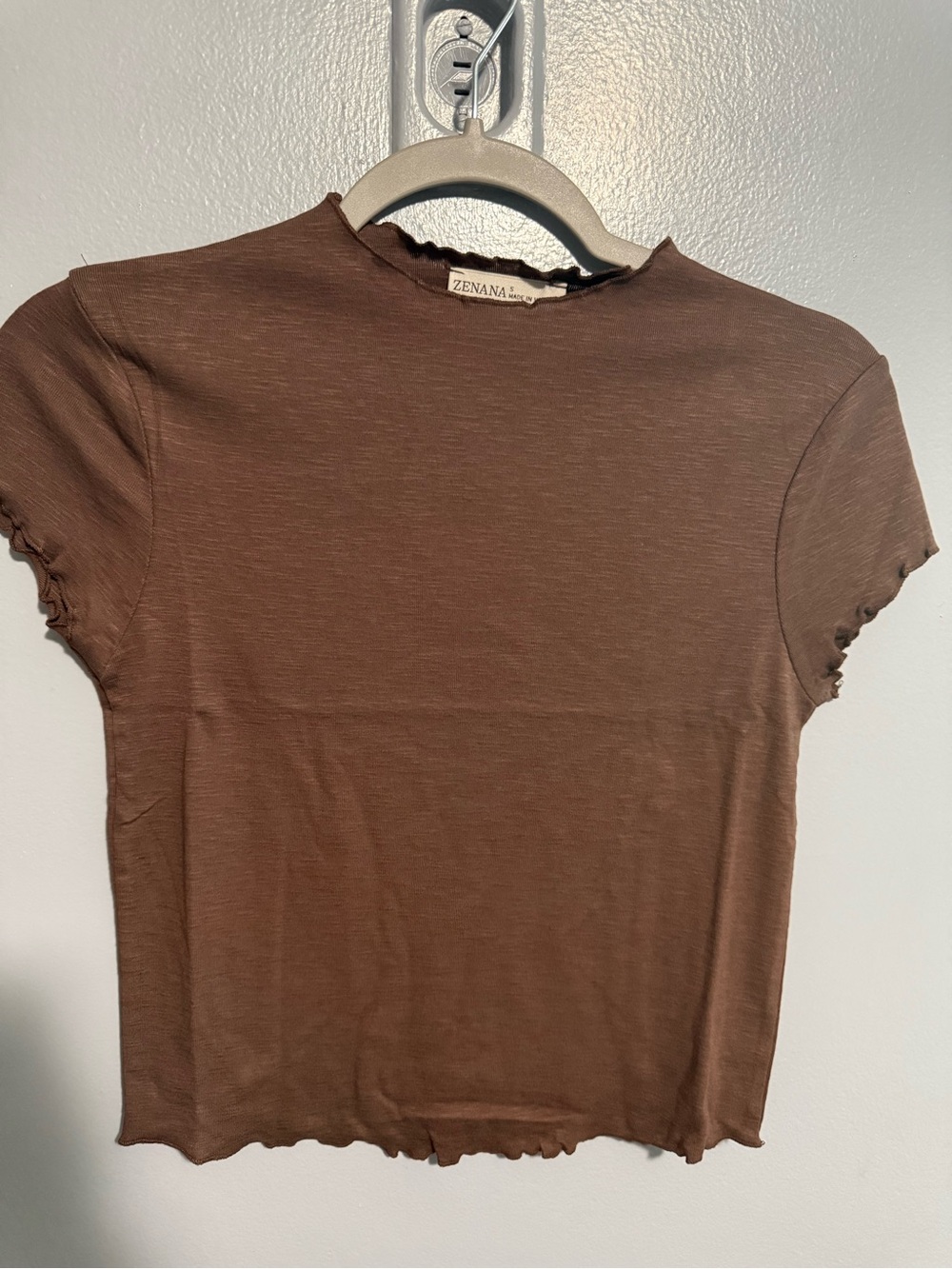 Zenana Brown Lettuce Hem Cropped Tee Cotton Modal - Picture 2 of 3